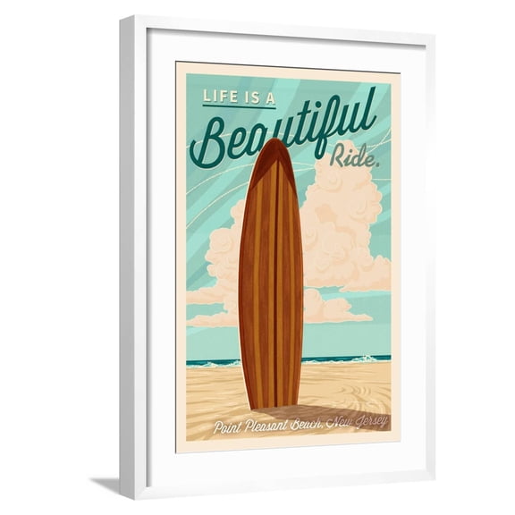 Art.com Point Pleasant Beach, New Jersey - Life is a Beautiful Ride - Surfboard Letterpress Art Print by Lantern Press, White Frame Wall Art, 21" x 29"