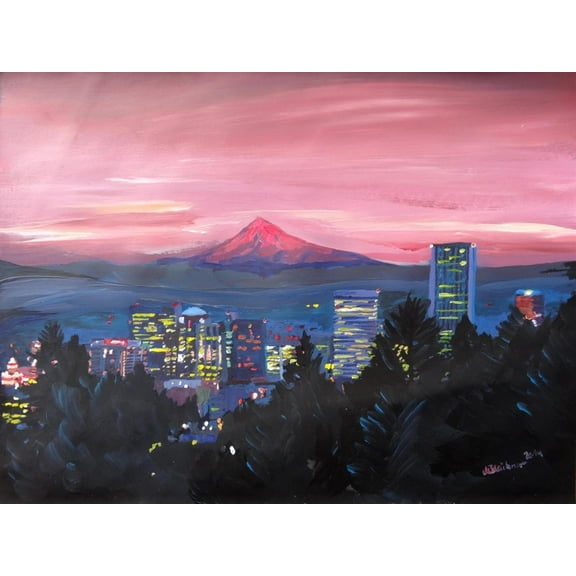 Art.com Portland Oregon with Mt Hood at Sunset Art Print by Markus Bleichner, 16" x 12"