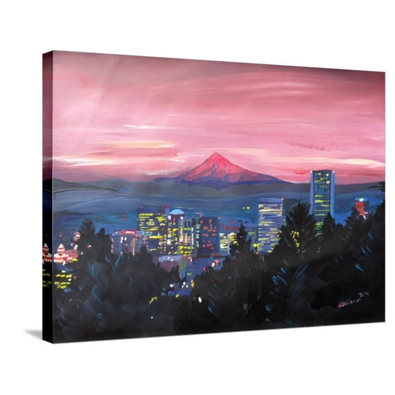 Art.com Portland Oregon with Mt Hood at Sunset Stretched Canvas Print Wall Art by Markus Bleichner, 32" x 24"