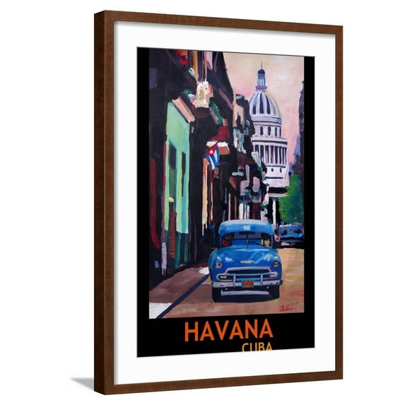 Art.com Poster Havana Cuba Street Scene Oldtimer Vintage Art Print by Markus Bleichner, Brown Frame Wall Art, 21" x 29"