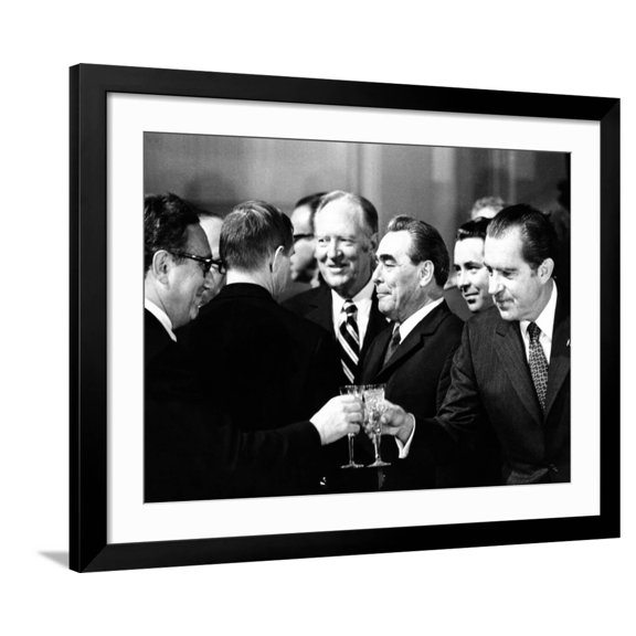 Art.com Pres Richard Nixon and Henry Kissinger Clink Champagne Glasses to Toast Photo, Black Frame Wall Art, 40" x 32"