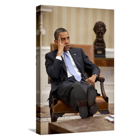 Art.com President Barack Obama Listens During to Advisors in the Oval Office Stretched Canvas Print Wall Art, 12" x 18"