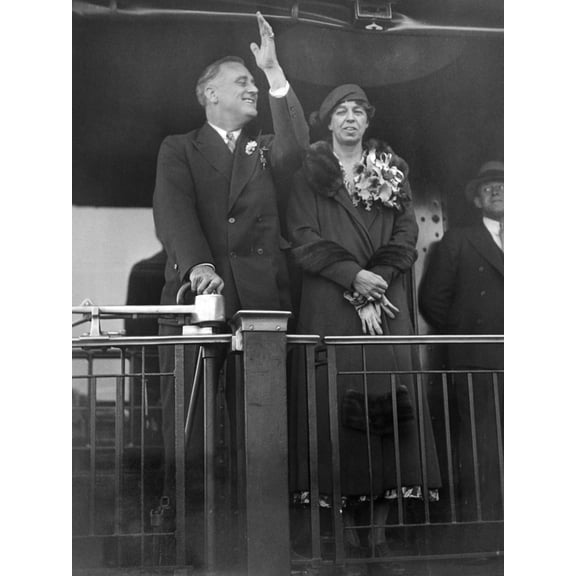 Art.com President-Elect Franklin Roosevelt and Wife Eleanor on the Rear Platform of His Special Train Car Photo, 12" x 16"