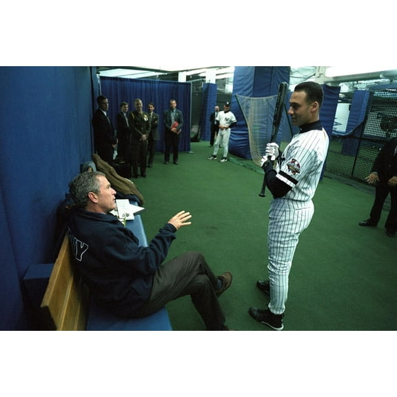 Art.com President George W. Bush Derek Jeter before the First Pitch in Game 3 of the World Series Premium Photographic Print, 18" x 12"