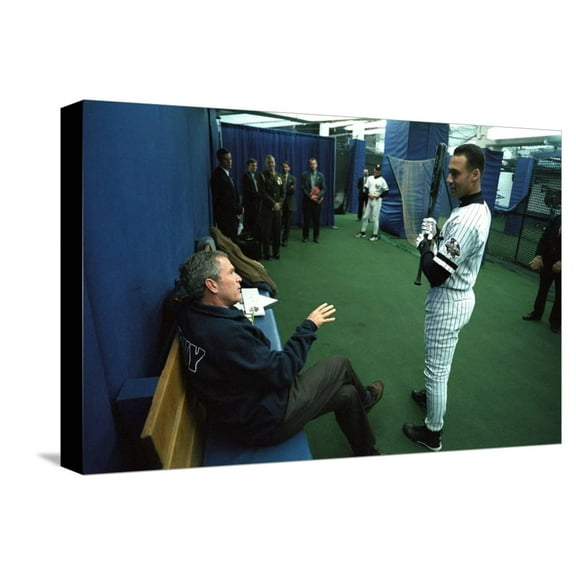 Art.com President George W. Bush Derek Jeter before the First Pitch in Game 3 of the World Series Stretched Canvas Print Wall Art, 18" x 12"
