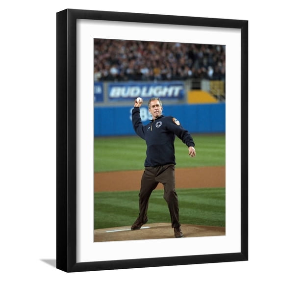 Art.com President George W. Bush Throws the Ceremonial First Pitch at Yankee Stadium Premium Photographic Print, Black Frame Wall Art, 17" x 21"
