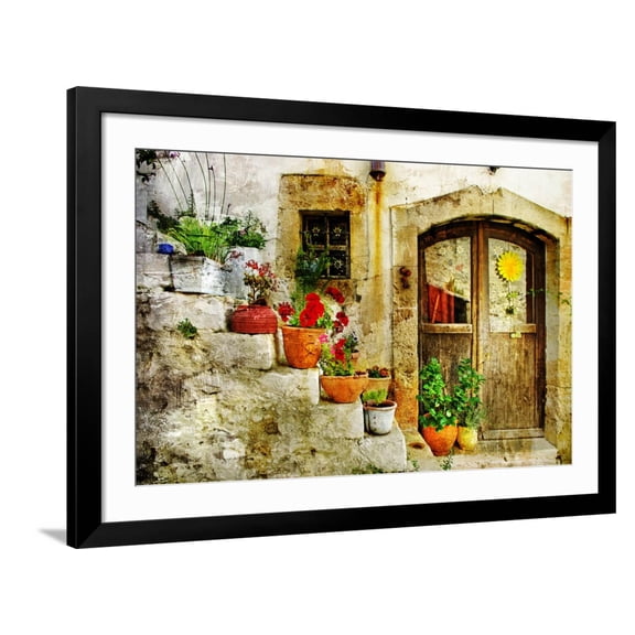 Art.com Pretty Village Greek Style - Artwork In Retro Style Art Print by Maugli-l, Black Frame Wall Art, 44" x 32"