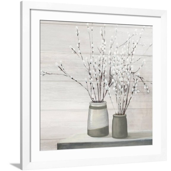 Art.com Pussy Willow Still Life Gray Pots Shiplap Art Print by Julia Purinton, White Frame Wall Art, 38" x 38"