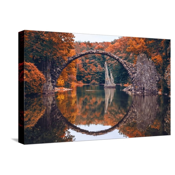 Art.com Rakotz Bridge (Rakotzbrucke, Devil's Bridge) in Kromlau, Saxony, Germany. Colorful Autumn, Reflecti Stretched Canvas Print Wall Art, 24" x 16"