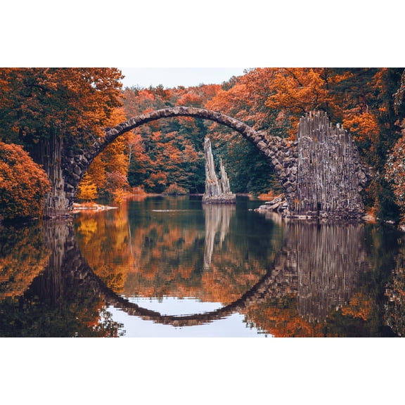 Art.com Rakotz Bridge (Rakotzbrucke, Devil's Bridge) in Kromlau, Saxony, Germany. Colorful Autumn, Reflecti Photographic Print, 18" x 12"