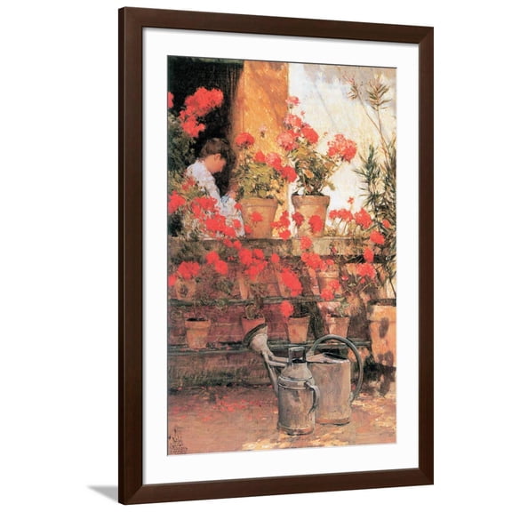 Art.com Red Geraniums Art Print by Childe Hassam, Brown Frame Wall Art, 32" x 44"