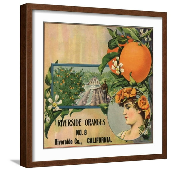 Art.com Riverside Oranges - Riverside, California - Citrus Crate Label Art Print by Lantern Press, Brown Frame Wall Art, 21" x 21"