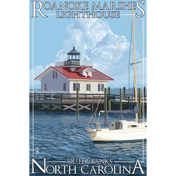 Art.com Roanoke Marshes Lighthouse - Outer Banks, North Carolina Art Print by Lantern Press, 24" x 36"
