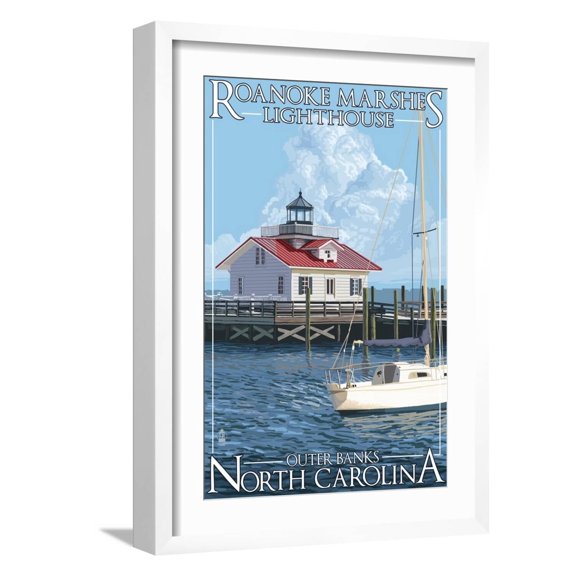 Art.com Roanoke Marshes Lighthouse - Outer Banks, North Carolina Art Print by Lantern Press, White Frame Wall Art, 17" x 23"