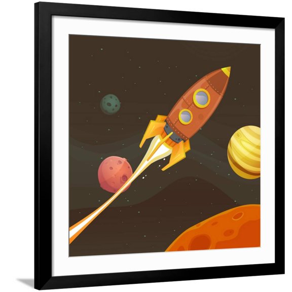 Art.com Rocket Ship Flying through Space Art Print by Benchart, Black Frame Wall Art, 38" x 38"