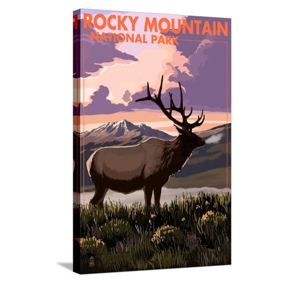 Art.com Rocky Mountain National Park - Elk and Sunset Stretched Canvas Print Wall Art by Lantern Press, 16" x 24"