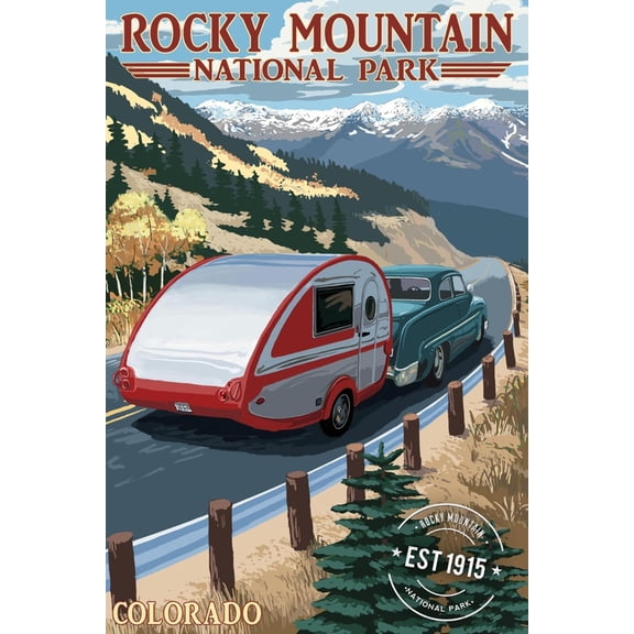 Art.com Rocky Mountain National Park - Retro Camper - Rubber Stamp Art Print by Lantern Press, 12" x 18"