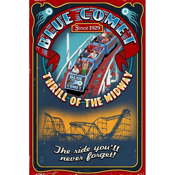 Art.com Roller Coaster - Vintage Sign Art Print by Lantern Press, 12" x 18"