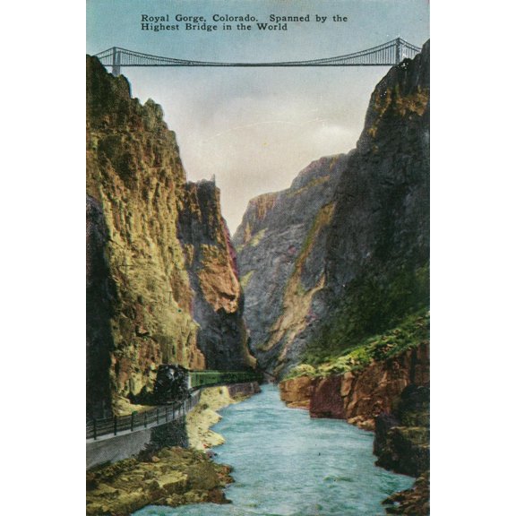 Art.com Royal Gorge, Colorado, View of the Bridge and Denver and Rio Grand Railroad Train Art Print by Lantern Press, 12" x 18"
