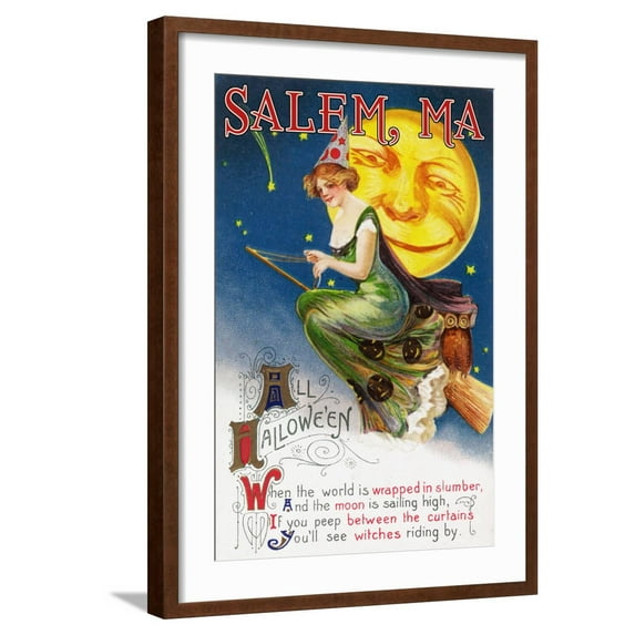 Art.com Salem, Massachusetts - Halloween Greeting - Witch on a Broom by Full Moon - Vintage Artwork Art Print by Lantern Press, Brown Frame Wall Art, 21" x 29"