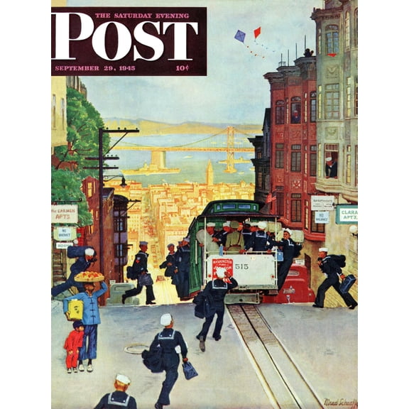 Art.com San Francisco Cable Car, Saturday Evening Post Cover, September 29, 1945 Giclee Print by Mead Schaeffer, 12" x 16"