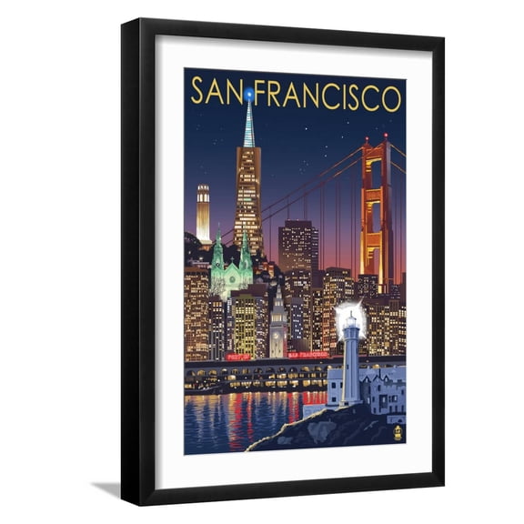 Art.com San Francisco, California Skyline at Night Art Print by Lantern Press, Black Frame Wall Art, 17" x 23"