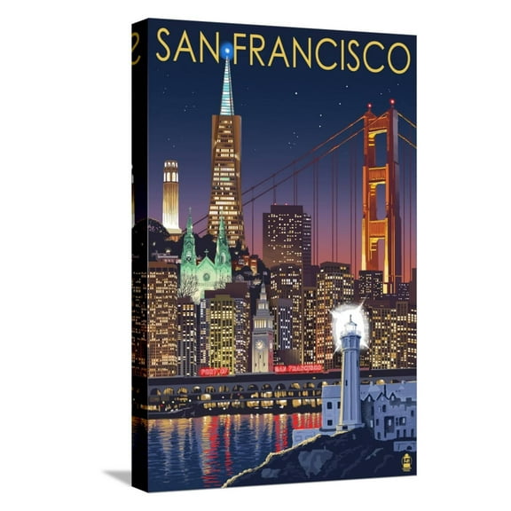 Art.com San Francisco, California Skyline at Night Stretched Canvas Print Wall Art by Lantern Press, 12" x 18"