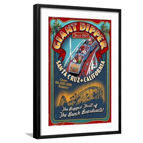 Art.com Santa Cruz, California - Giant Dipper Roller Coaster Vintage Sign Art Print by Lantern Press, Black Frame Wall Art, 21" x 29"