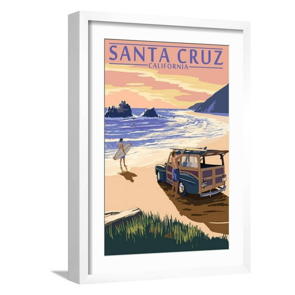 Art.com Santa Cruz, California - Woody on Beach Art Print by Lantern Press, White Frame Wall Art, 17" x 23"