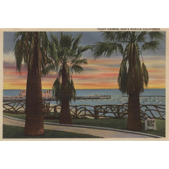 Art.com Santa Monica, CA - Yacht Harbor and Sunset View Art Print by Lantern Press, 18" x 12"
