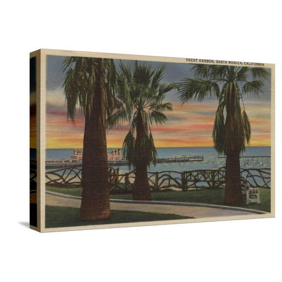 Art.com Santa Monica, CA - Yacht Harbor and Sunset View Stretched Canvas Print Wall Art by Lantern Press, 18" x 12"