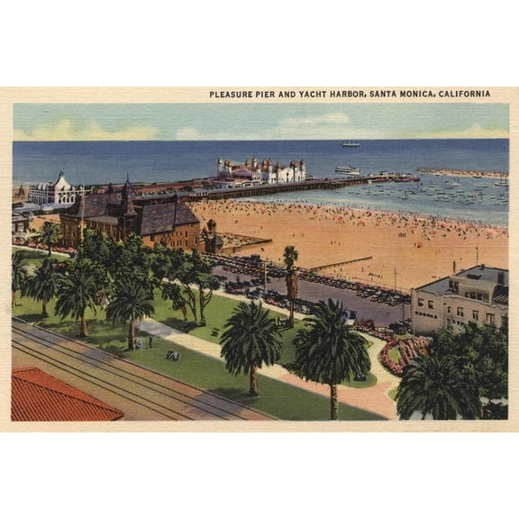 Art.com Santa Monica, California - Aerial of Pleasure Pier & Yacht Harbor Art Print by Lantern Press, 18" x 12"