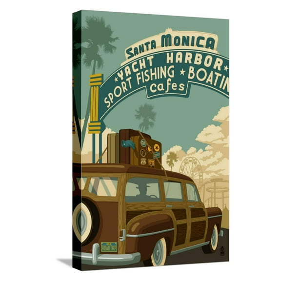 Art.com Santa Monica, California - Route 66 - Pier Scene Stretched Canvas Print Wall Art by Lantern Press, 12" x 18"