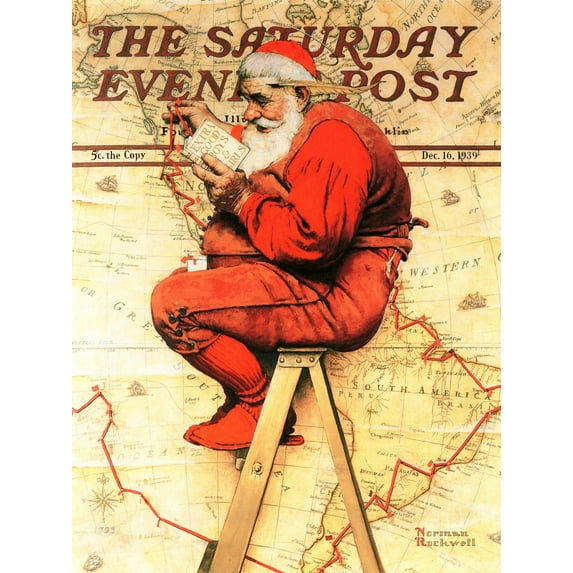 Art.com Santa at the Map Saturday Evening Post Cover, December 16,1939 Giclee Print by Norman Rockwell, 12" x 16"