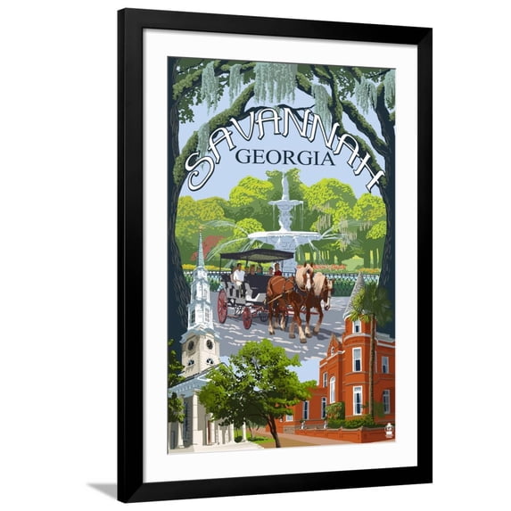 Art.com Savannah, Georgia Town Views Art Print by Lantern Press, Black Frame Wall Art, 32" x 44"