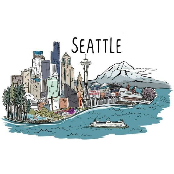 Art.com Seattle, Washington - Cityscape - Line Drawing Art Print by Lantern Press, 18" x 12"