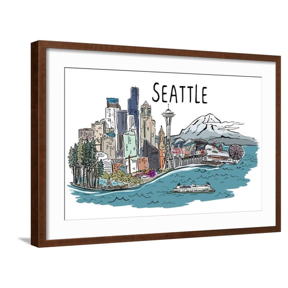 Art.com Seattle, Washington - Cityscape - Line Drawing Art Print by Lantern Press, Brown Frame Wall Art, 29" x 21"
