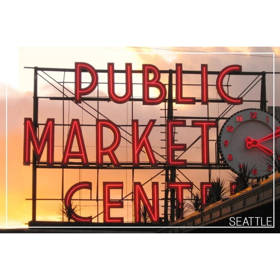 Art.com Seattle, Washington - Pike Place Market Sunset Art Print by Lantern Press, 18" x 12"