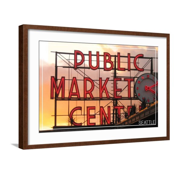 Art.com Seattle, Washington - Pike Place Market Sunset Art Print by Lantern Press, Brown Frame Wall Art, 29" x 21"