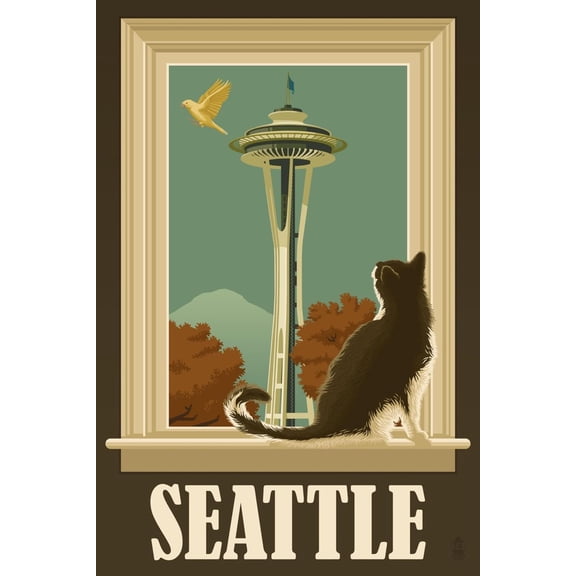 Art.com Seattle, Washington - Space Needle and Cat Window Art Print by Lantern Press, 12" x 18"
