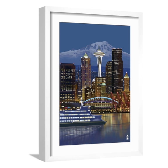 Art.com Seattle, Washington at Night - Image Only Art Print by Lantern Press, White Frame Wall Art, 17" x 23"