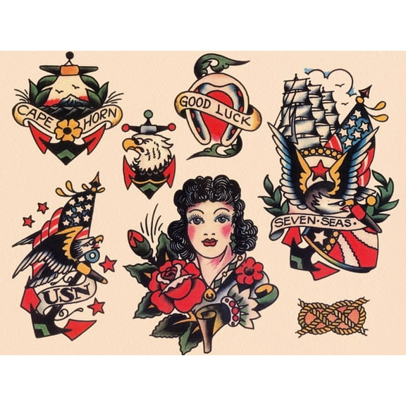 Art.com Seven Seas Authentic Tattoo Flash by Norman Collins, aka, Sailor Jerry Art Print, 16" x 12"