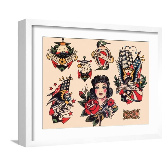 Art.com Seven Seas Authentic Tattoo Flash by Norman Collins, aka, Sailor Jerry Art Print, White Frame Wall Art, 21" x 17"