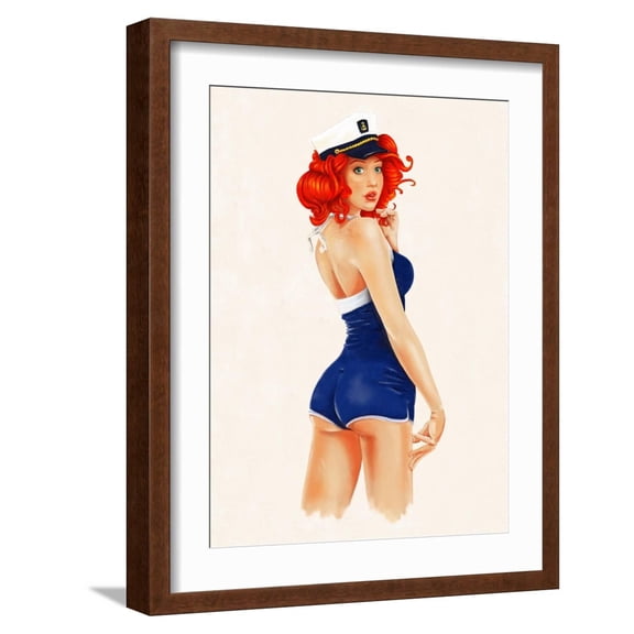 Art.com Sexy Pin up Sailor Girl Painting with Full Paper Poster Edge Art Print by lineartestpilot, Brown Frame Wall Art, 17" x 21"
