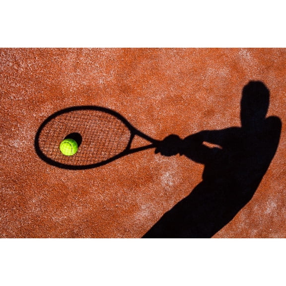 Art.com Shadow Of A Tennis Player In Action On A Tennis Court (Conceptual Image With A Tennis Ball Art Print by l i g h t p o e t, 24" x 16"