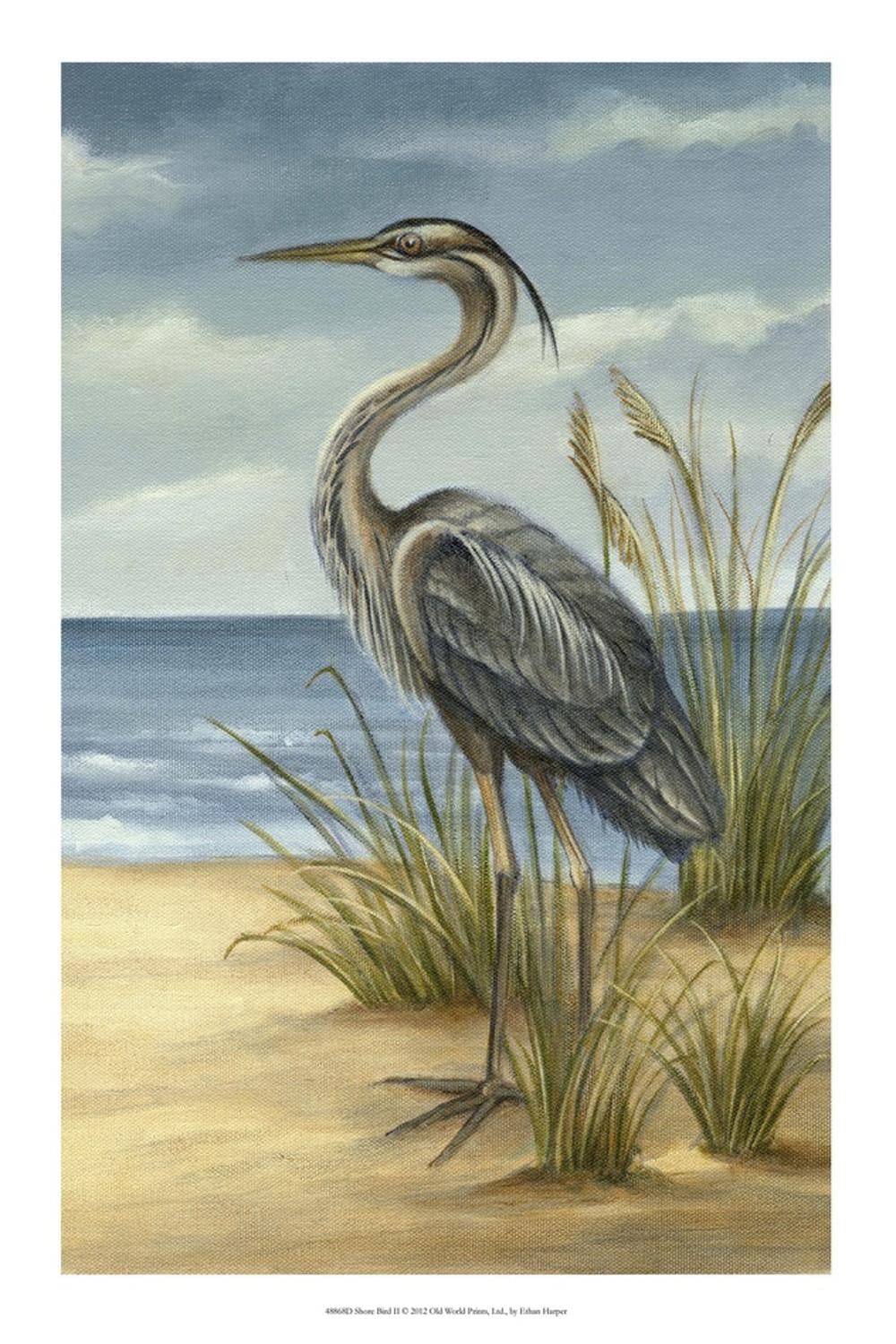 Modern Coastal Heron Canvas Print in Blue and Beige