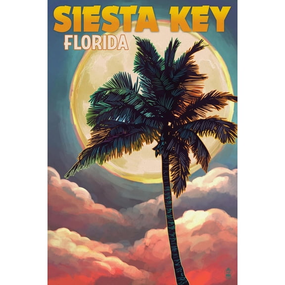 Art.com Siesta Key, Florida - Palm and Moon Art Print by Lantern Press, 12" x 18"