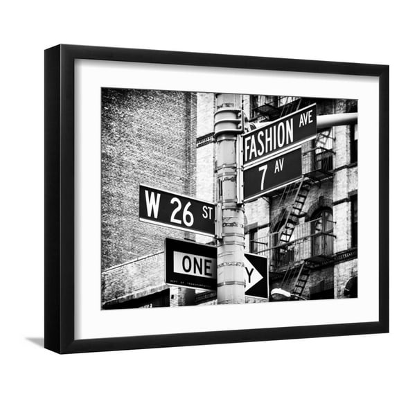 Art.com Signpost, Fashion Ave, Manhattan, New York City, United States, Black and White Photography Photographic Print by Philippe Hugonnard, Black Frame Wall Art, 21" x 17"