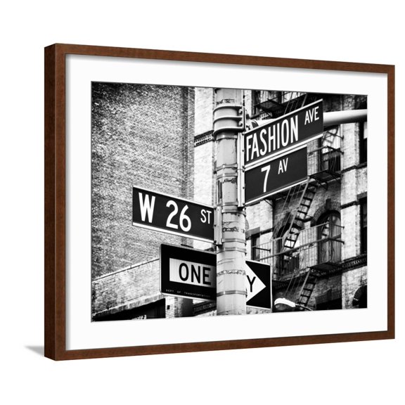 Art.com Signpost, Fashion Ave, Manhattan, New York City, United States, Black and White Photography Photographic Print by Philippe Hugonnard, Brown Frame Wall Art, 29" x 23"