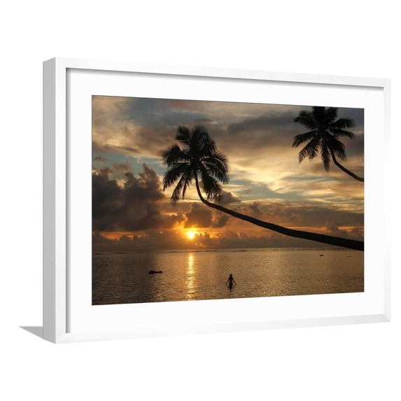 Art.com Silhouette of leaning palm trees and a woman at sunrise on Taveuni Island, Fiji, Pacific Photographic Print by Don Mammoser, White Frame Wall Art, 29" x 21"